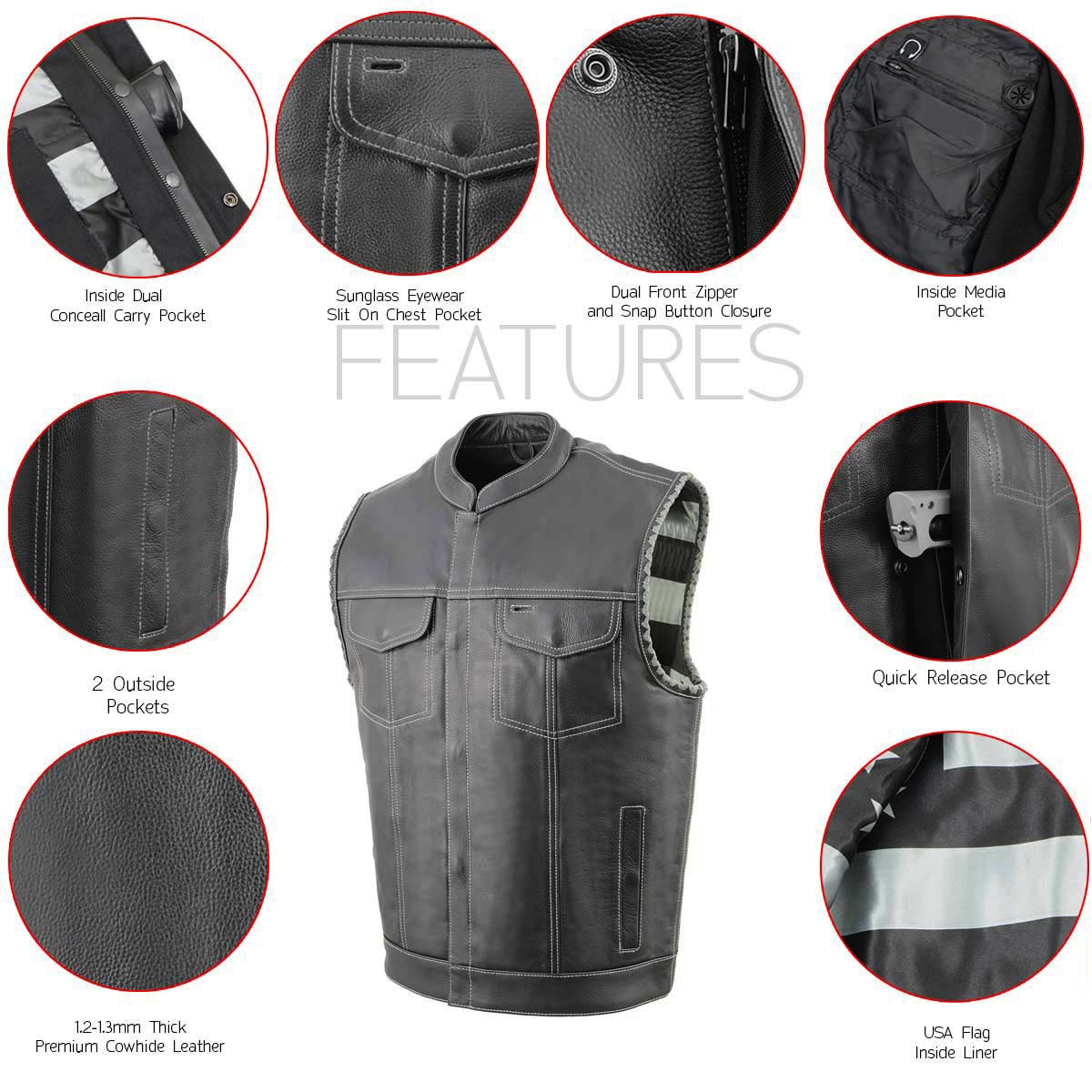 MLM3507 Men's Old Glory Black Premium Leather Club Style Vest w/ Grey Stitching Laced Armholes