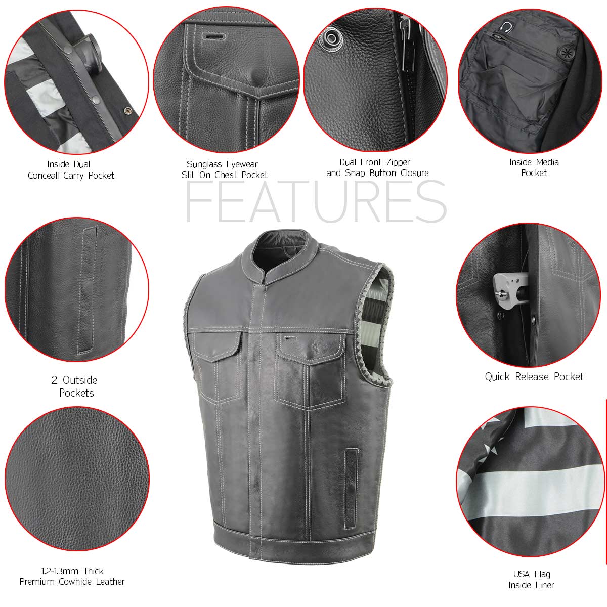 MLM3507 Men's Old Glory Black Premium Leather Club Style Vest w/ Grey Stitching Laced Armholes