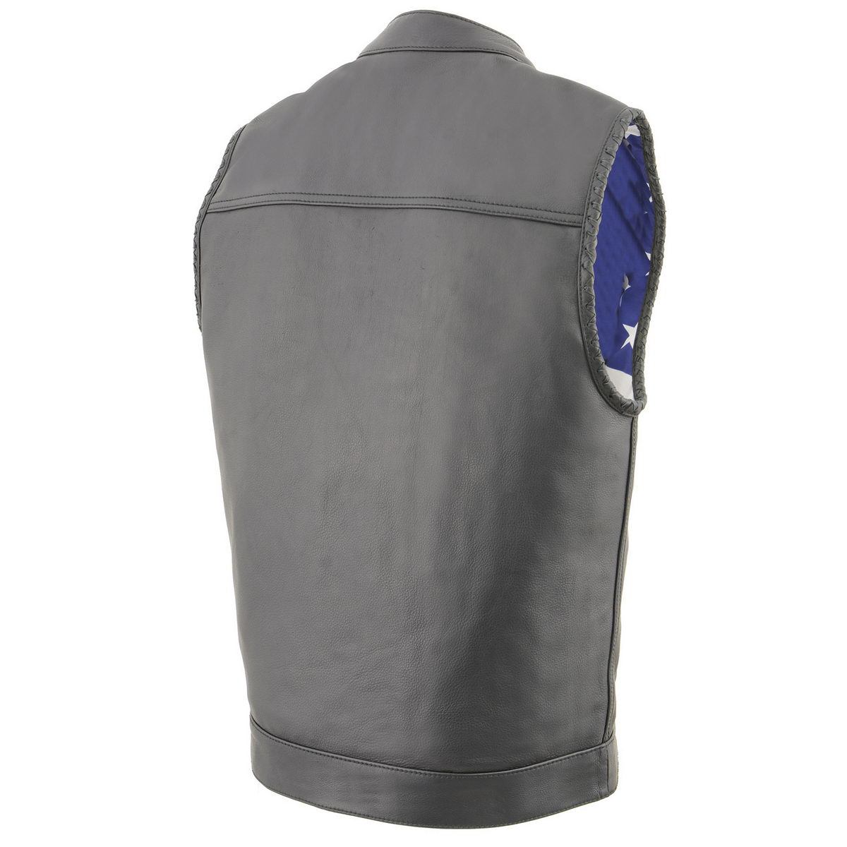 MLM3508 Men's Black Premium Leather Vest - Old Glory Laced Armholes Black Stitching Club Style Vest