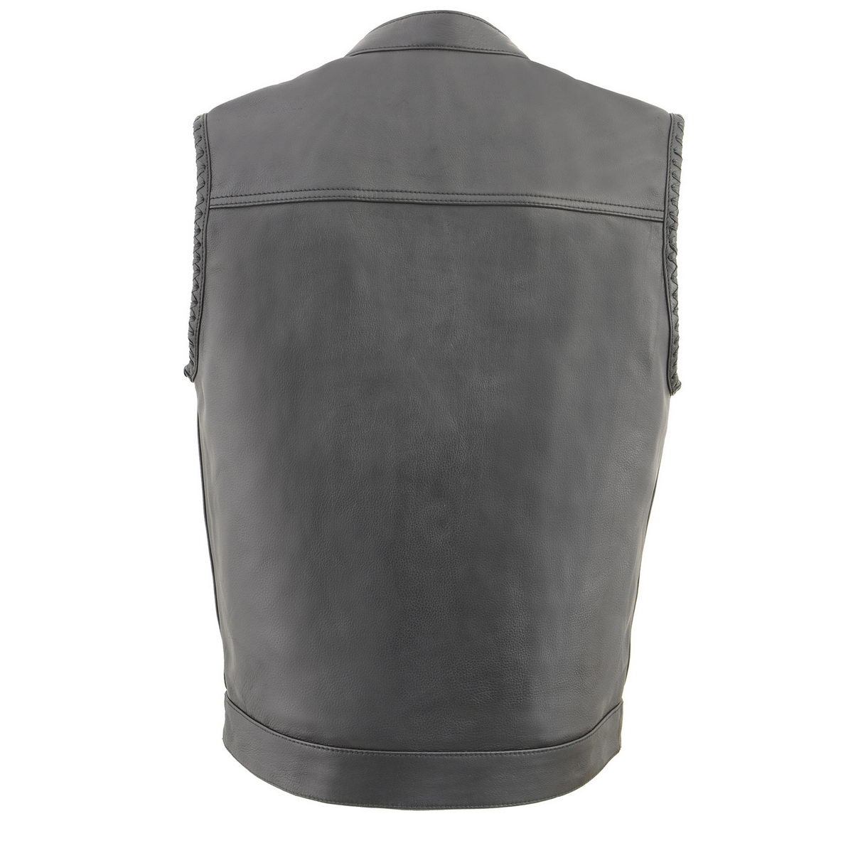 MLM3508 Men's Black Premium Leather Vest - Old Glory Laced Armholes Black Stitching Club Style Vest