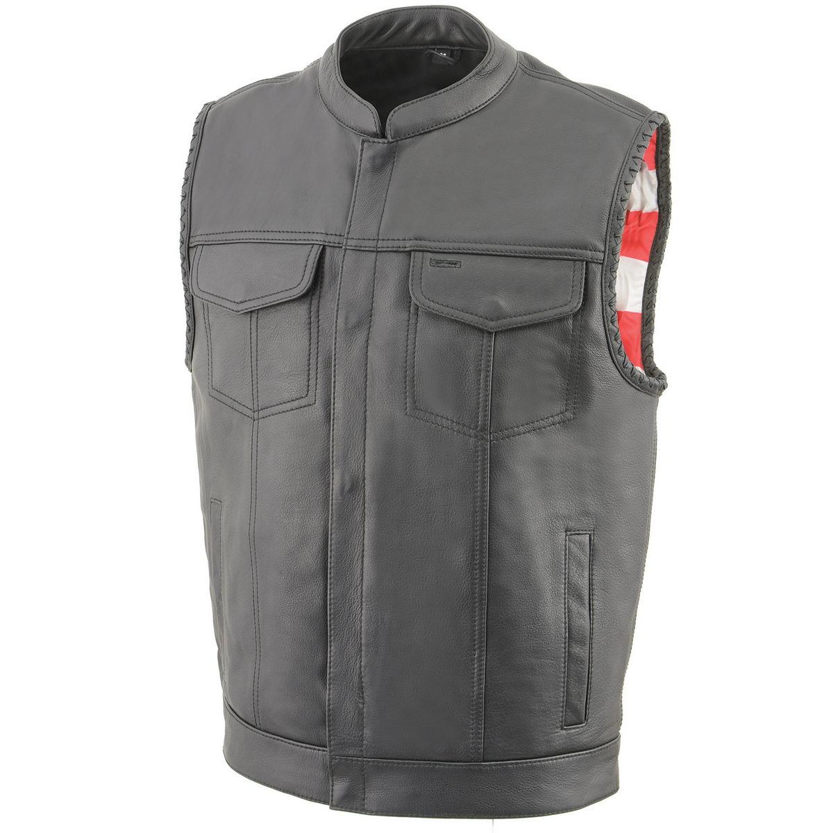 MLM3508 Men's Black Premium Leather Vest - Old Glory Laced Armholes Black Stitching Club Style Vest