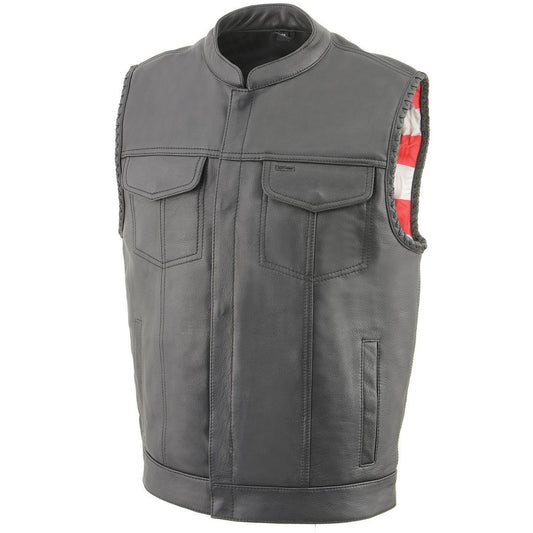 MLM3508 Men's Black Premium Leather Vest - Old Glory Laced Armholes Black Stitching Club Style Vest
