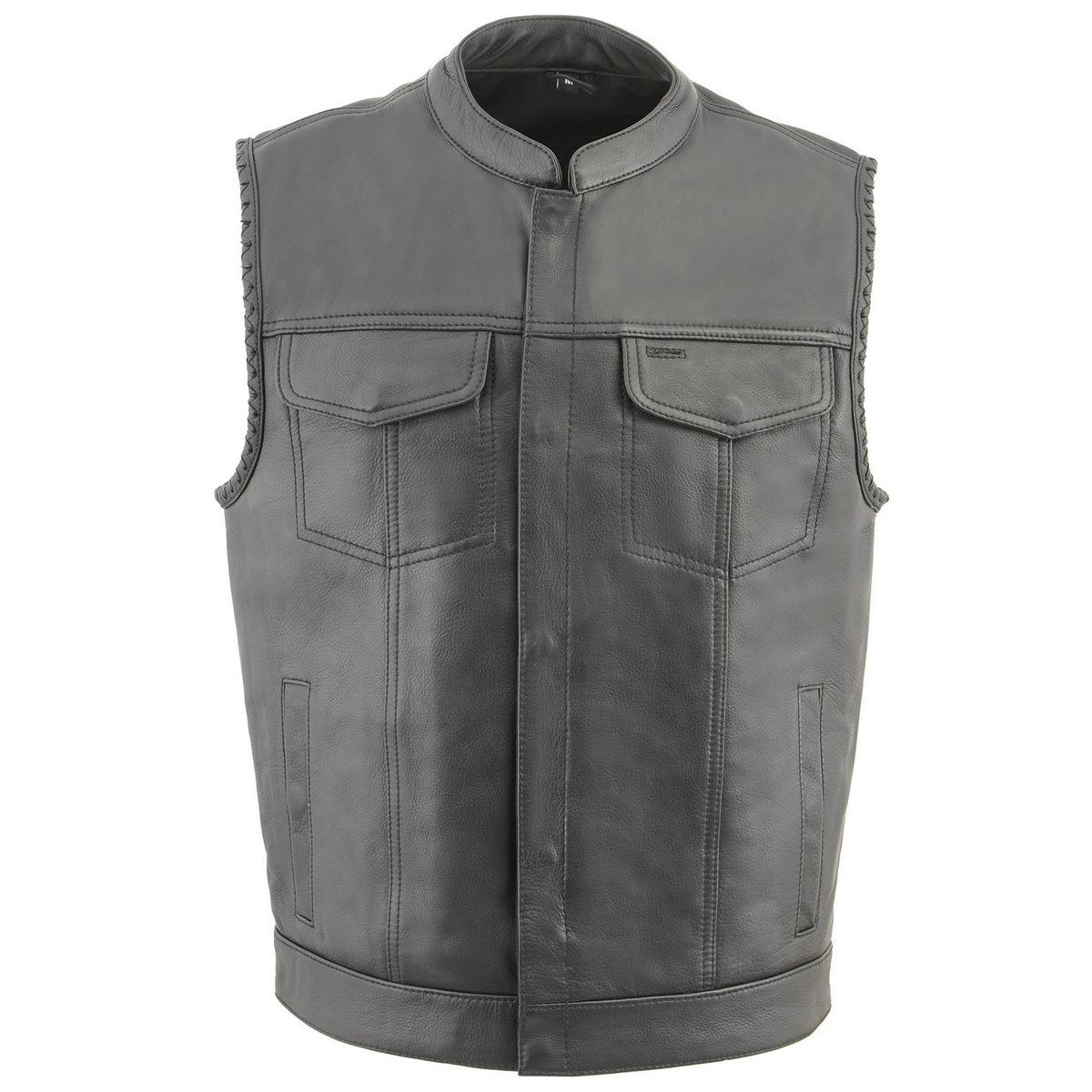 MLM3507 Men's Old Glory Black Premium Leather Club Style Vest w/ Grey Stitching Laced Armholes