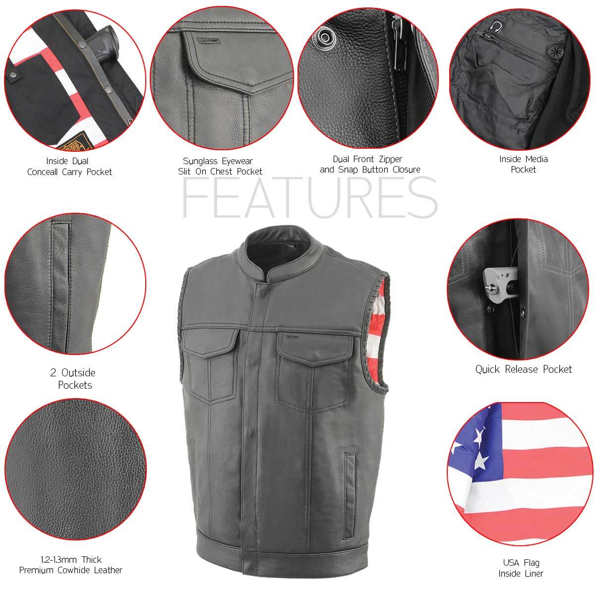 MLM3508 Men's Black Premium Leather Vest - Old Glory Laced Armholes Black Stitching Club Style Vest