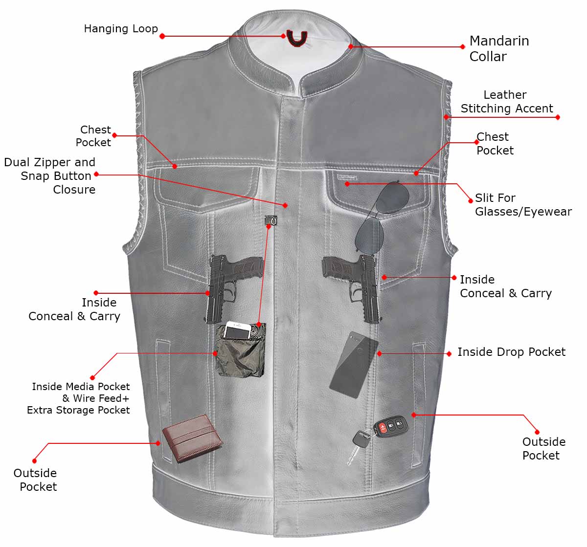 MLM3508 Men's Black Premium Leather Vest - Old Glory Laced Armholes Black Stitching Club Style Vest