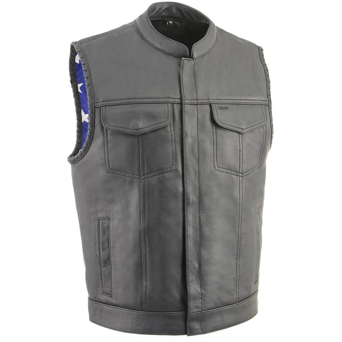 MLM3508 Men's Black Premium Leather Vest - Old Glory Laced Armholes Black Stitching Club Style Vest