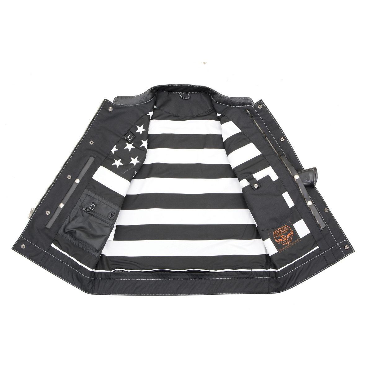 MLM3509 Men's Black Premium Leather Vest - Old Glory Laced Armholes White Stitching Club Style Vest