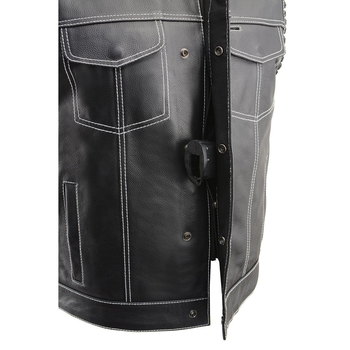 MLM3509 Men's Black Premium Leather Vest - Old Glory Laced Armholes White Stitching Club Style Vest