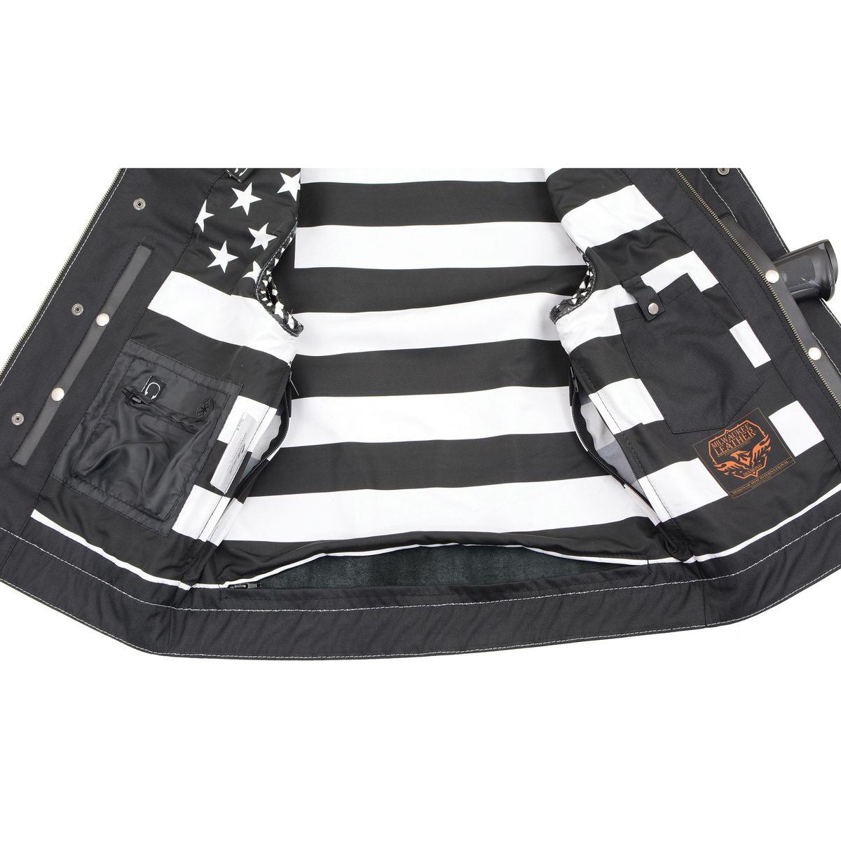 MLM3509 Men's Black Premium Leather Vest - Old Glory Laced Armholes White Stitching Club Style Vest