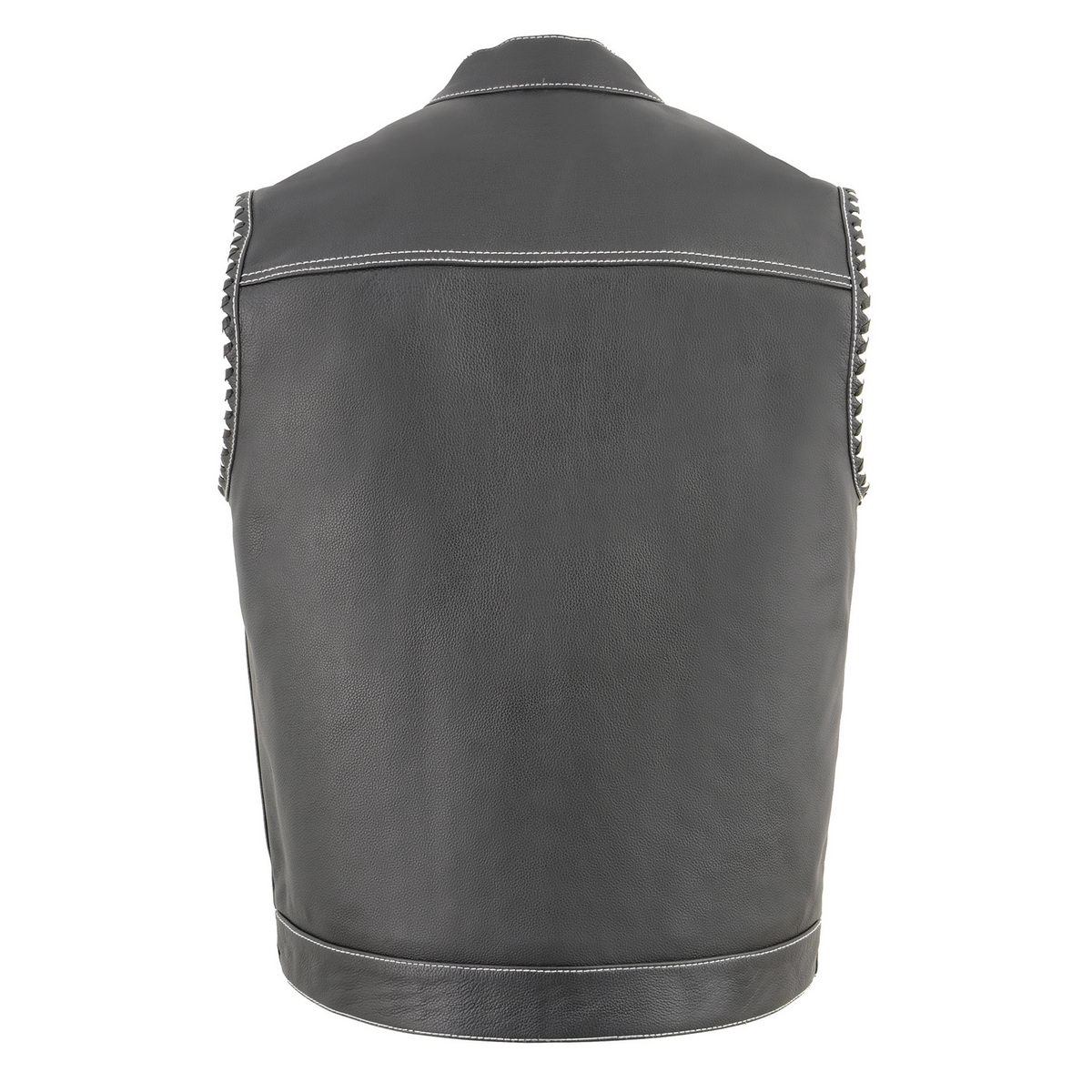 MLM3509 Men's Black Premium Leather Vest - Old Glory Laced Armholes White Stitching Club Style Vest