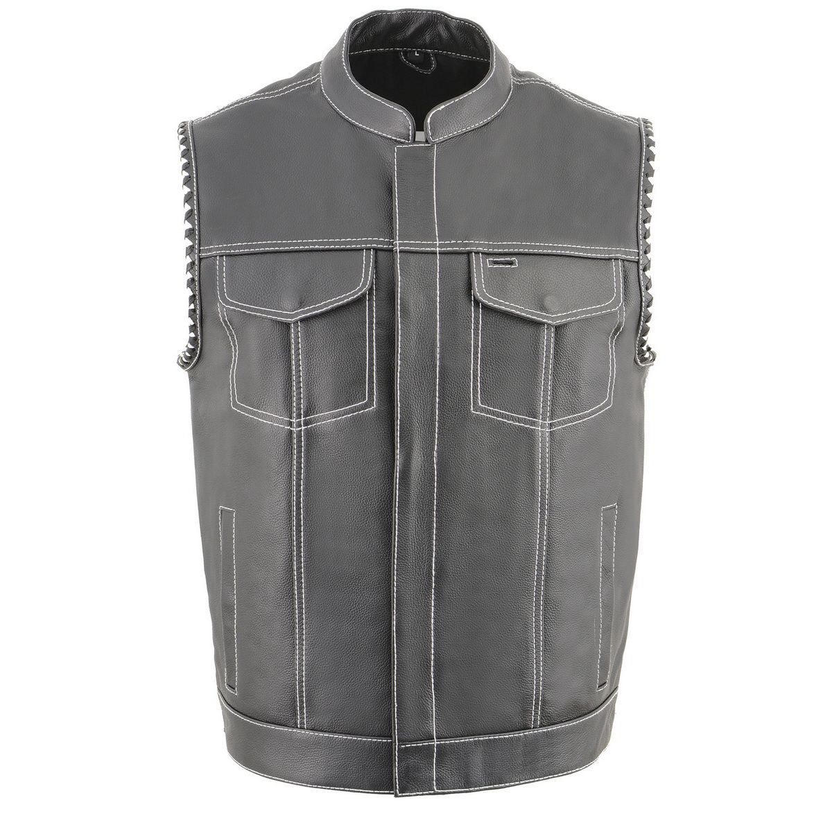 MLM3509 Men's Black Premium Leather Vest - Old Glory Laced Armholes White Stitching Club Style Vest