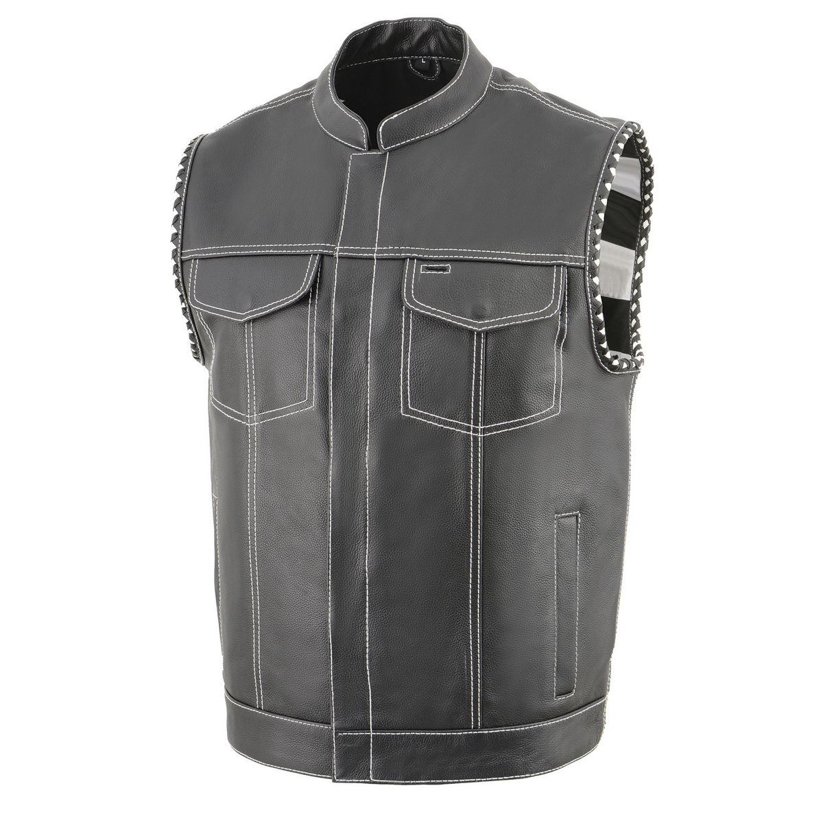 MLM3509 Men's Black Premium Leather Vest - Old Glory Laced Armholes White Stitching Club Style Vest
