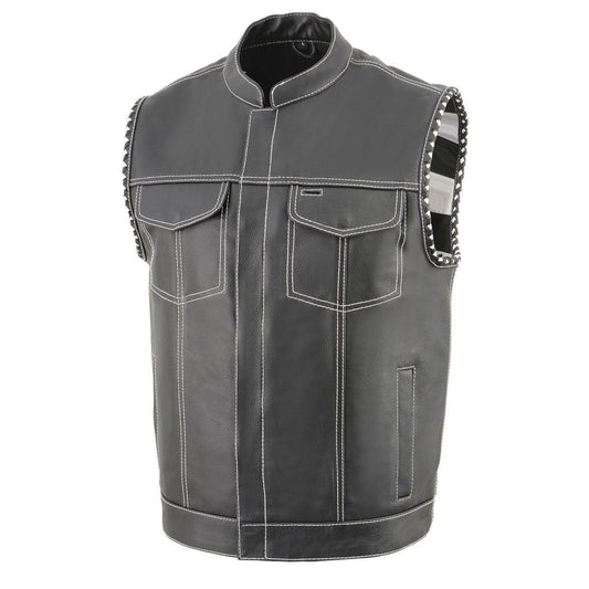 MLM3509 Men's Black Premium Leather Vest - Old Glory Laced Armholes White Stitching Club Style Vest
