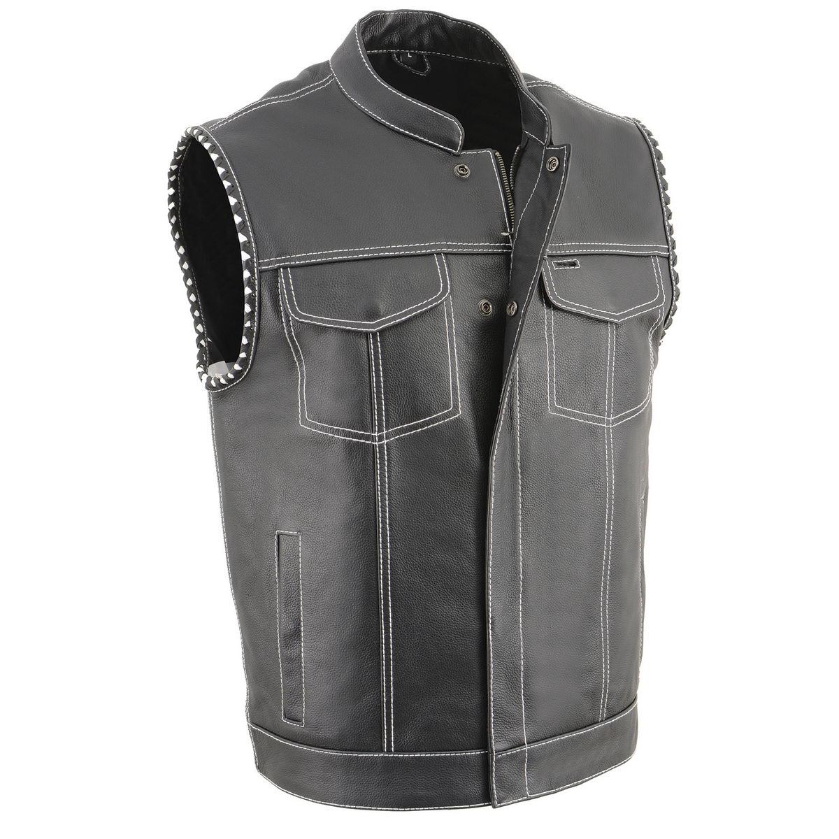 MLM3509 Men's Black Premium Leather Vest - Old Glory Laced Armholes White Stitching Club Style Vest