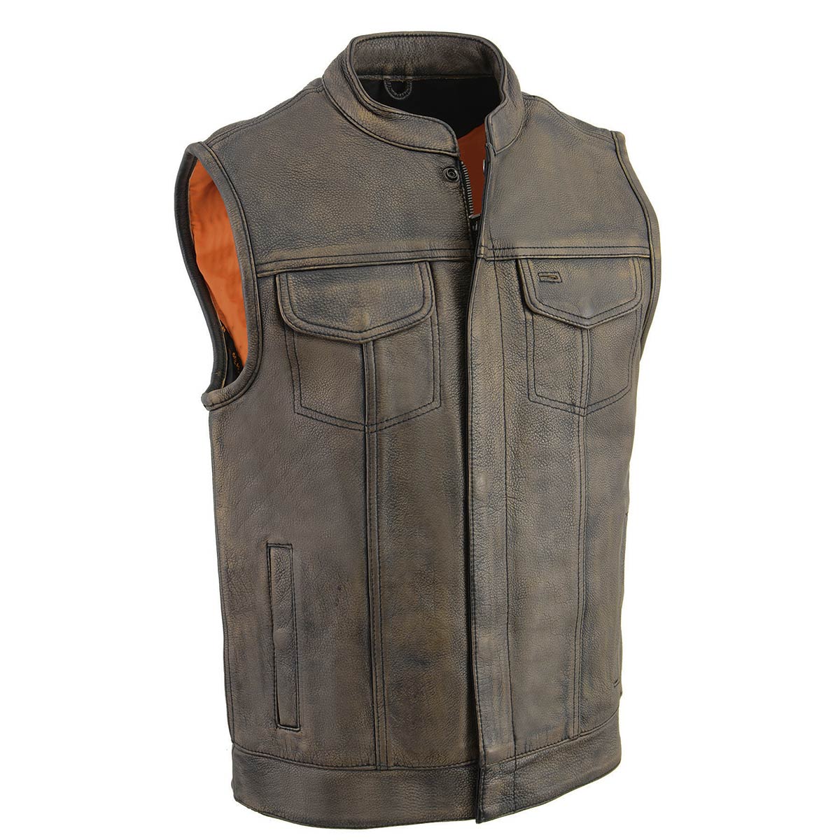 MLM3510 Men's Black/Beige Premium Leather Club Style Vest - Dual Closure Open Neck Motorcycle Vest