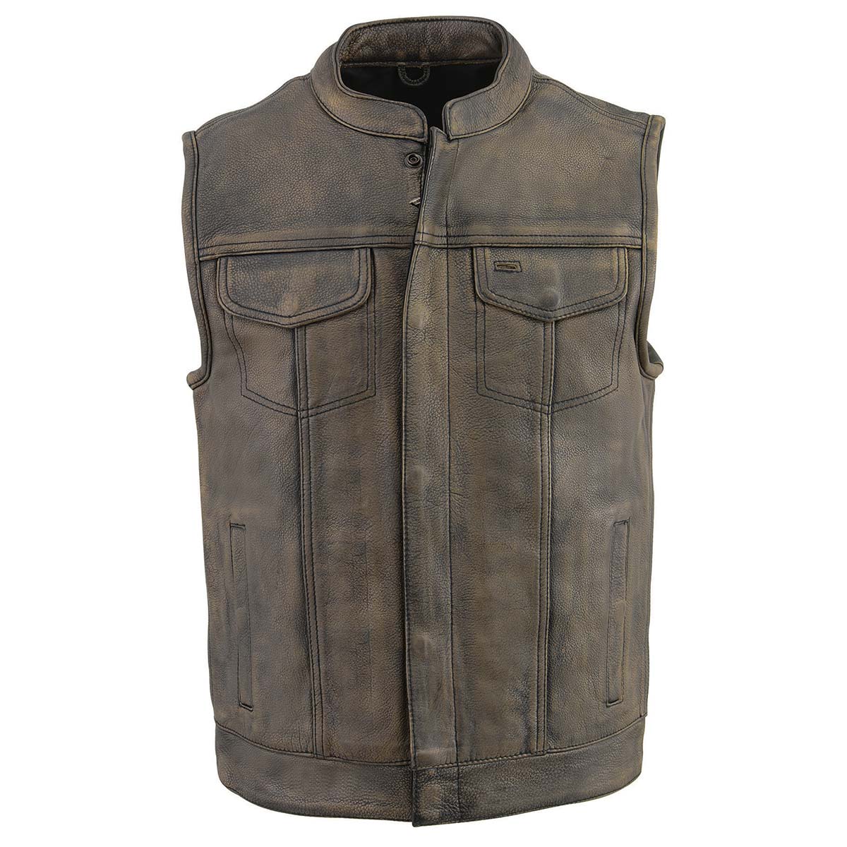 MLM3510 Men's Black/Beige Premium Leather Club Style Vest - Dual Closure Open Neck Motorcycle Vest