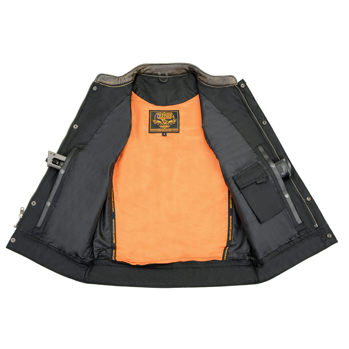 MLM3510 Men's Black/Beige Premium Leather Club Style Vest - Dual Closure Open Neck Motorcycle Vest