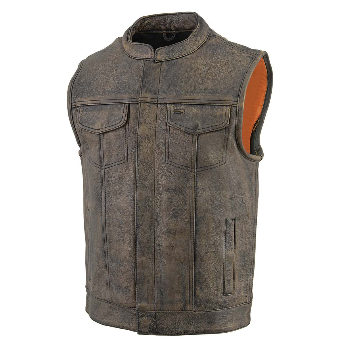 MLM3510 Men's Black/Beige Premium Leather Club Style Vest - Dual Closure Open Neck Motorcycle Vest
