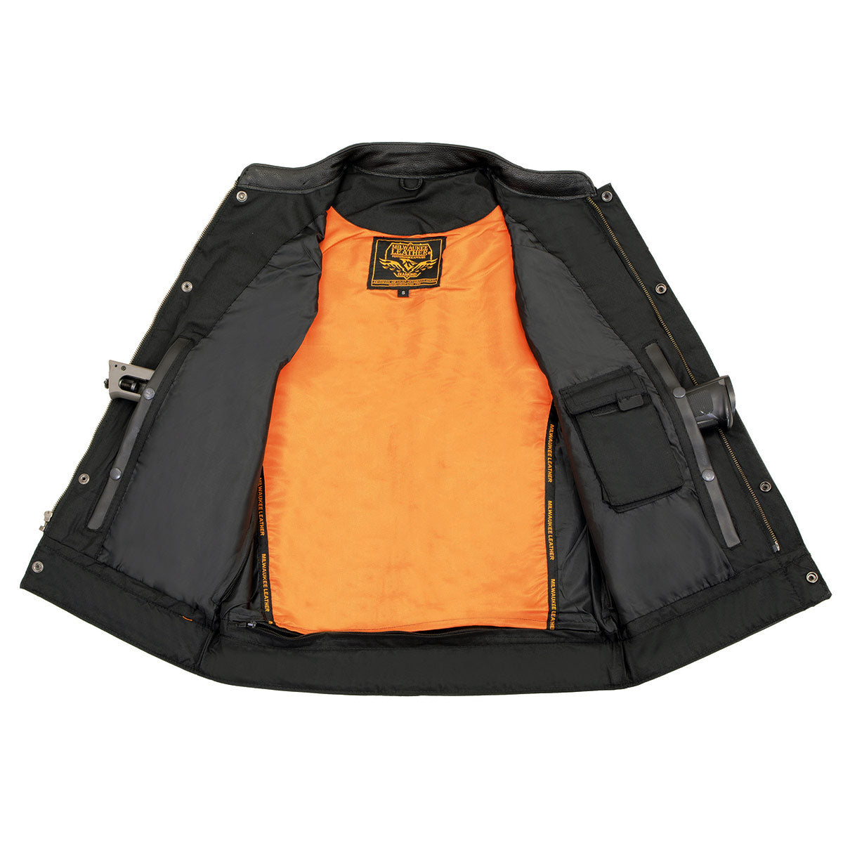 MLM3510 Men's Black Premium Leather Club Style Vest - Dual Closure Open Neck Motorcycle Rider Vest