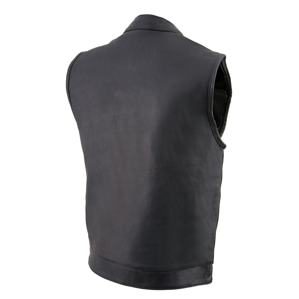 MLM3510 Men's Black Premium Leather Club Style Vest - Dual Closure Open Neck Motorcycle Rider Vest