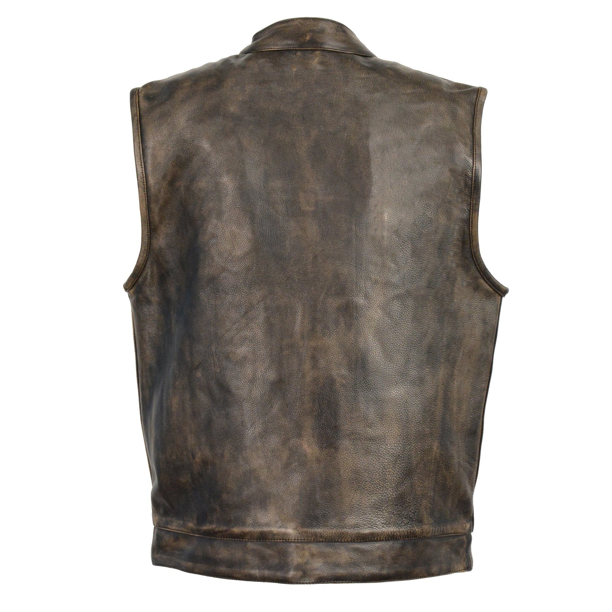MLM3510 Men's Black/Beige Premium Leather Club Style Vest - Dual Closure Open Neck Motorcycle Vest