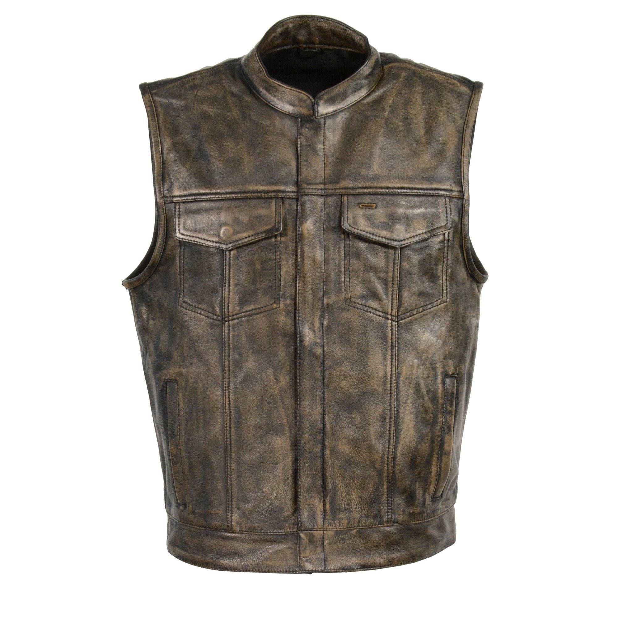 MLM3510 Men's Black/Beige Premium Leather Club Style Vest - Dual Closure Open Neck Motorcycle Vest