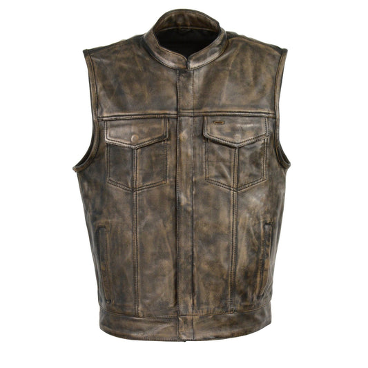 MLM3510 Men's Black/Beige Premium Leather Club Style Vest - Dual Closure Open Neck Motorcycle Vest