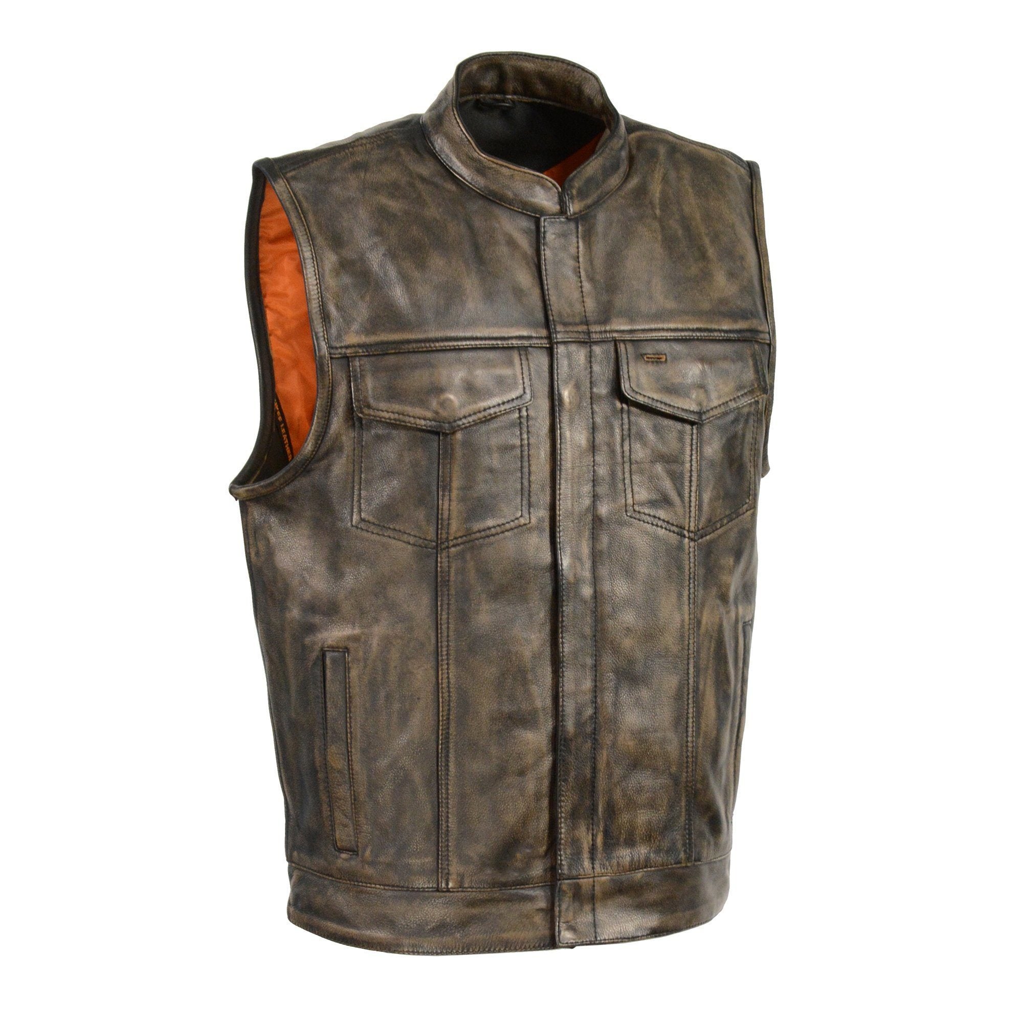 MLM3510 Men's Black/Beige Premium Leather Club Style Vest - Dual Closure Open Neck Motorcycle Vest
