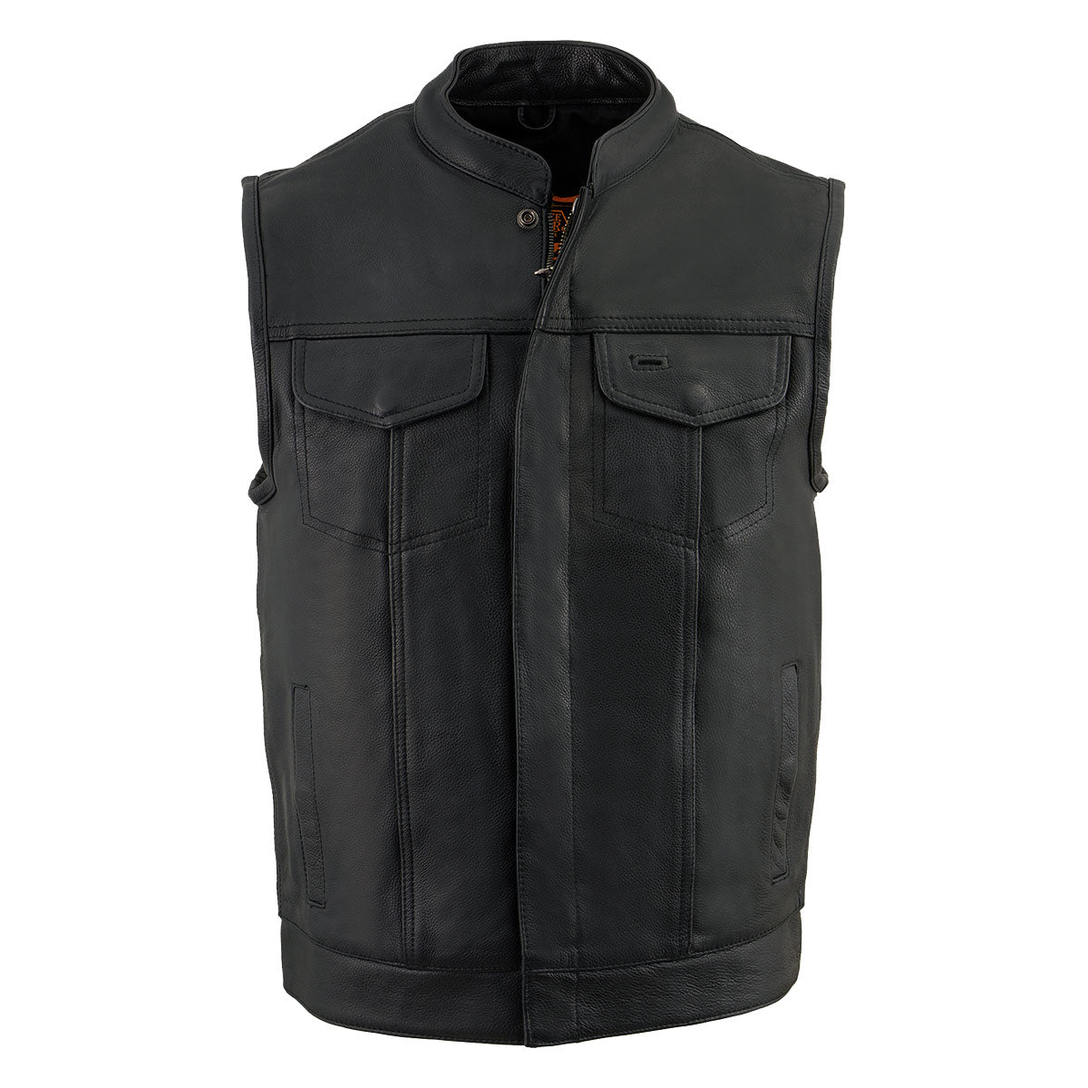 MLM3510 Men's Black Premium Leather Club Style Vest - Dual Closure Open Neck Motorcycle Rider Vest
