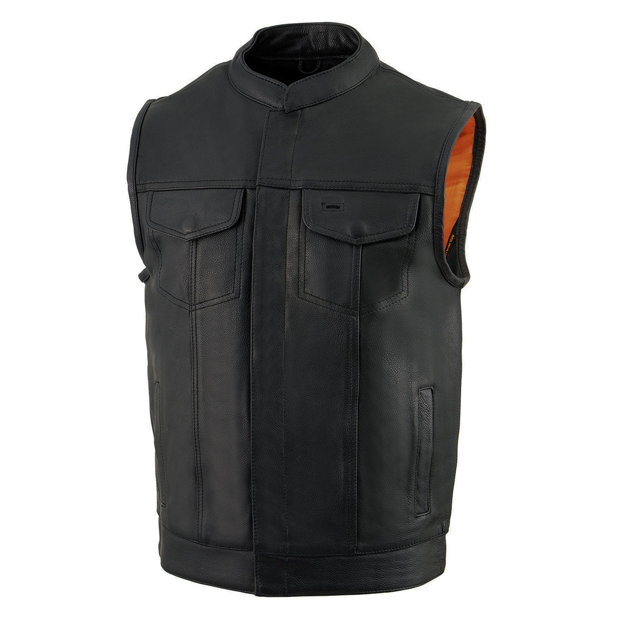 MLM3510 Men's Black Premium Leather Club Style Vest - Dual Closure Open Neck Motorcycle Rider Vest
