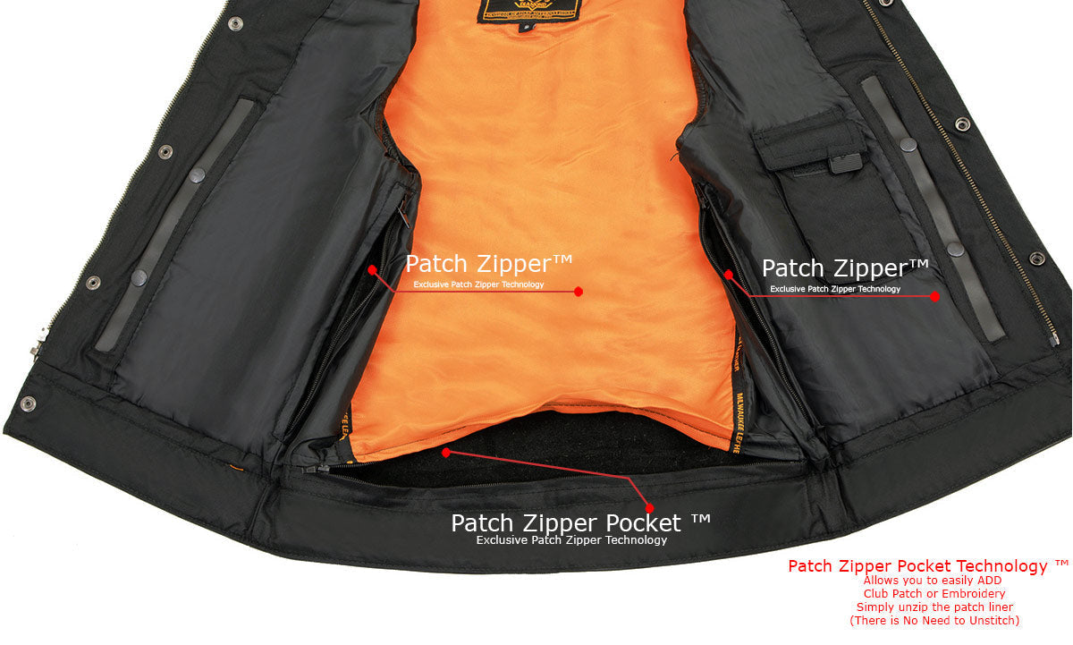 MLM3510 Men's Black Premium Leather Club Style Vest - Dual Closure Open Neck Motorcycle Rider Vest