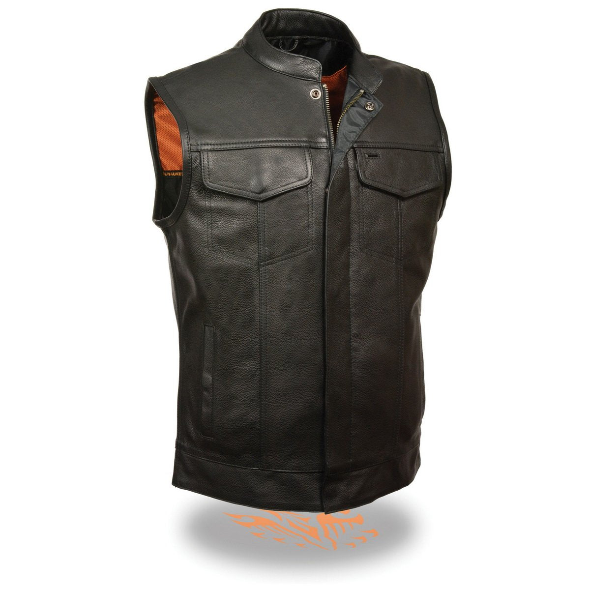 MLM3510 Men's Black Premium Leather Club Style Vest - Dual Closure Open Neck Motorcycle Rider Vest