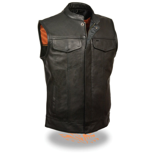 MLM3510 Men's Black Premium Leather Club Style Vest - Dual Closure Open Neck Motorcycle Rider Vest