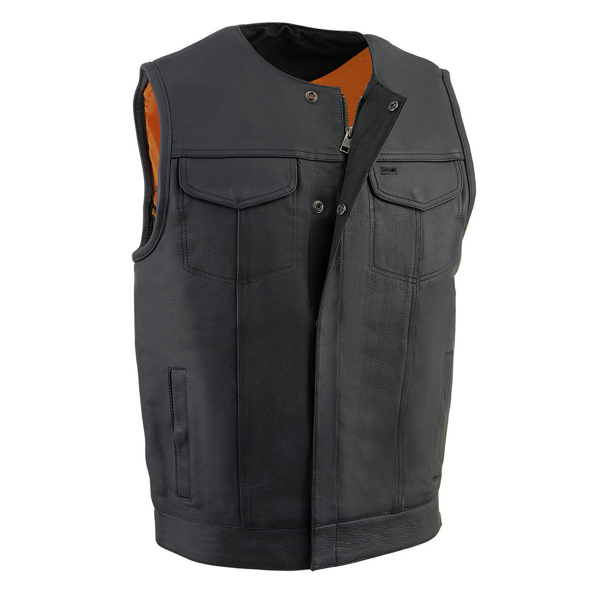 MLM3511 Men's Black Collarless Snap/Zipper Club Style Motorcycle Leather Vest