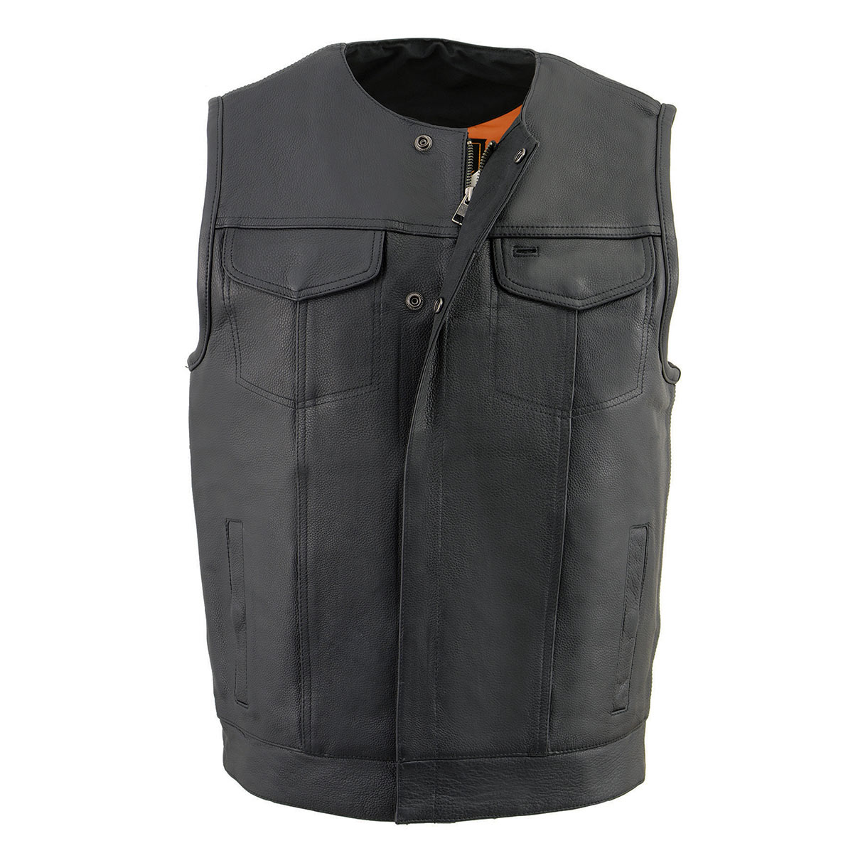 MLM3511 Men's Black Collarless Snap/Zipper Club Style Motorcycle Leather Vest
