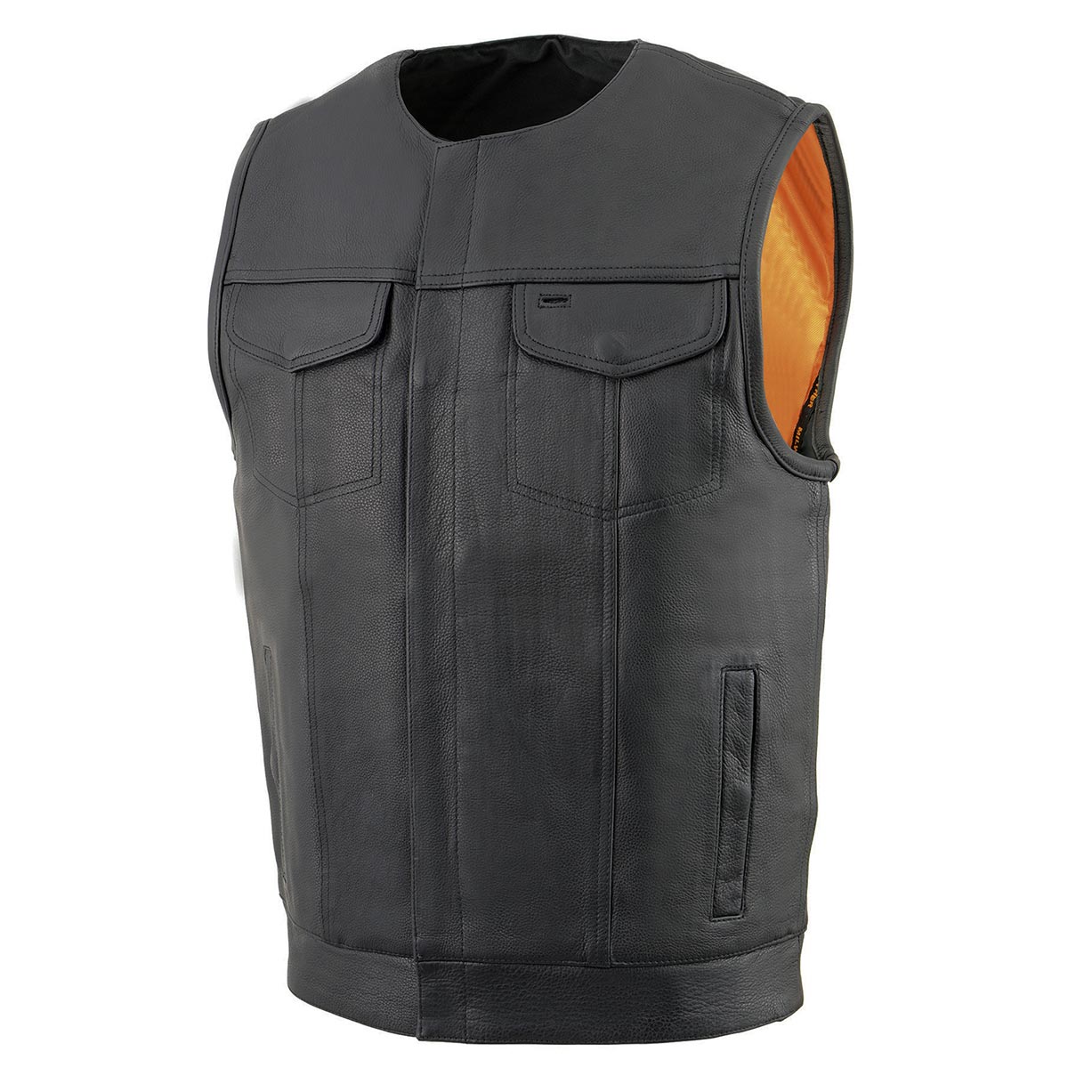 MLM3511 Men's Black Collarless Snap/Zipper Club Style Motorcycle Leather Vest