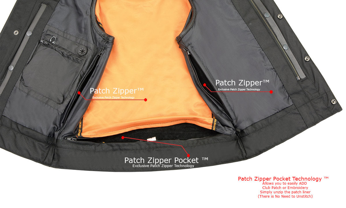 MLM3511 Men's Black Collarless Snap/Zipper Club Style Motorcycle Leather Vest