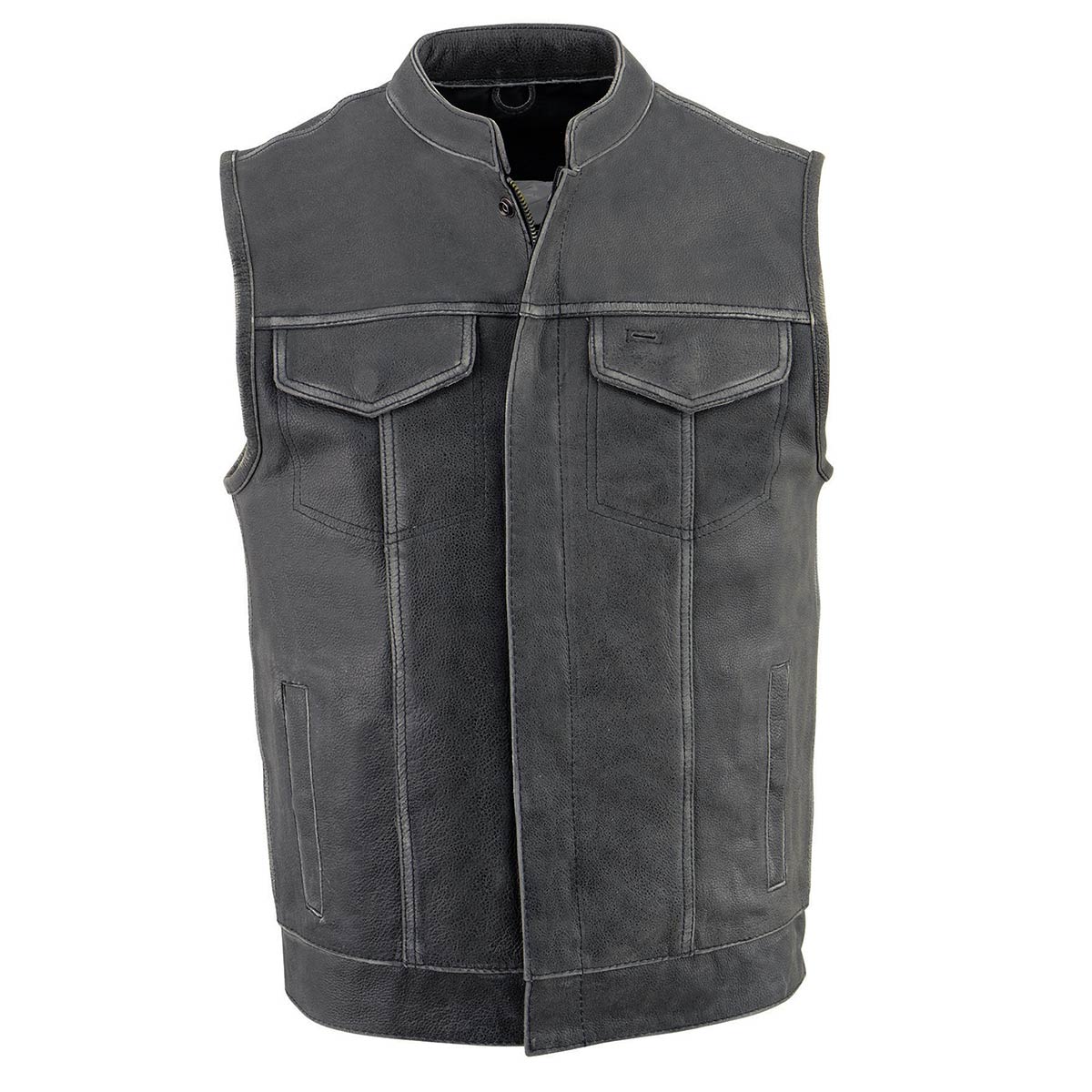MLM3513 Men's Premium Leather Club-Style Motorcycle Vest w/ Snaps and Zipper Closure
