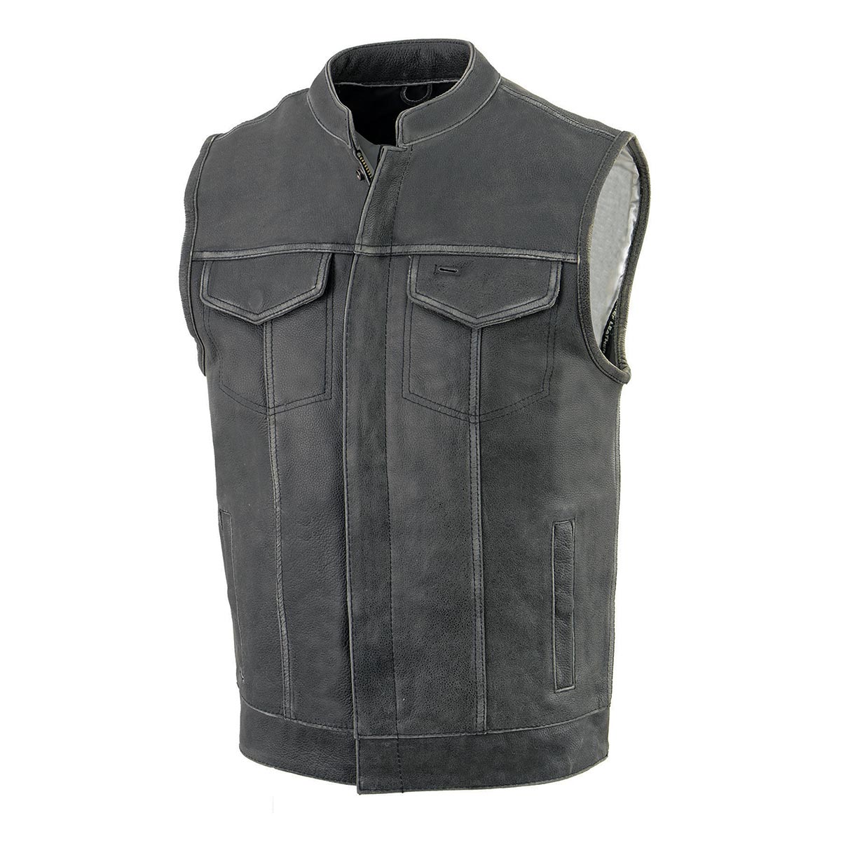 MLM3513 Men's Premium Leather Club-Style Motorcycle Vest w/ Snaps and Zipper Closure