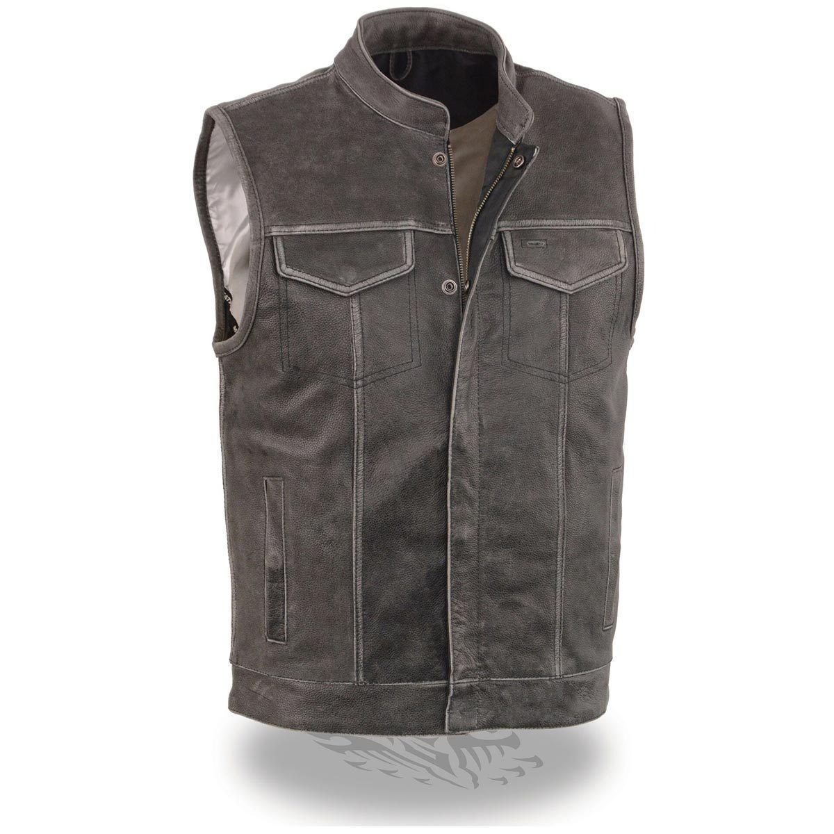 MLM3513 Men's Premium Leather Club-Style Motorcycle Vest w/ Snaps and Zipper Closure