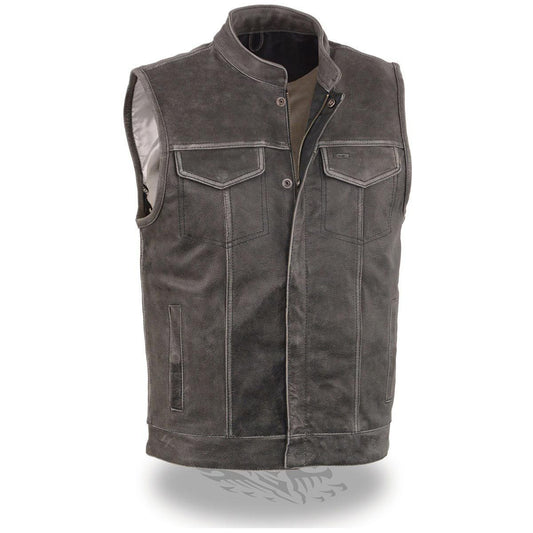 MLM3513 Men's Premium Leather Club-Style Motorcycle Vest w/ Snaps and Zipper Closure