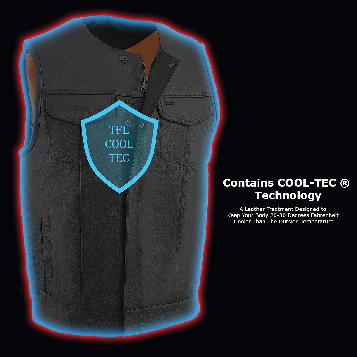 Men's MLM3515 Black Premium Collarless Club Style Motorcycle Vest w/ Cool-Tec Leather Treatment