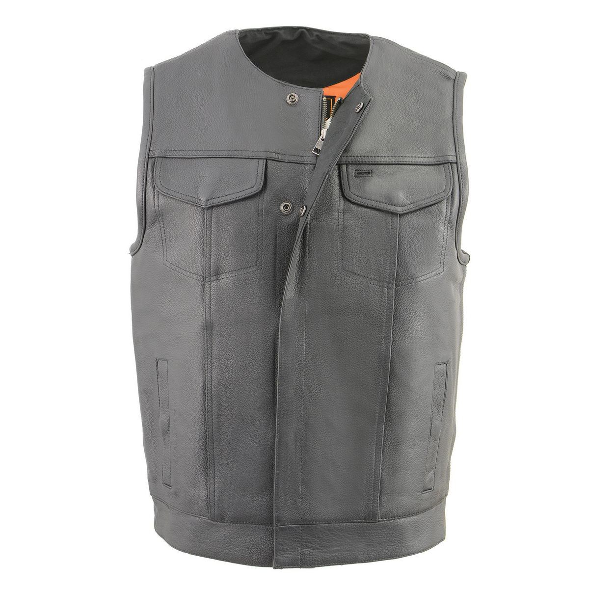 Men's MLM3515 Black Premium Collarless Club Style Motorcycle Vest w/ Cool-Tec Leather Treatment