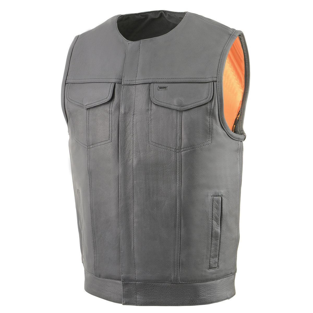 Men's MLM3515 Black Premium Collarless Club Style Motorcycle Vest w/ Cool-Tec Leather Treatment
