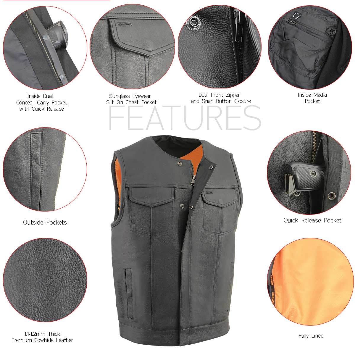 Men's MLM3515 Black Premium Collarless Club Style Motorcycle Vest w/ Cool-Tec Leather Treatment