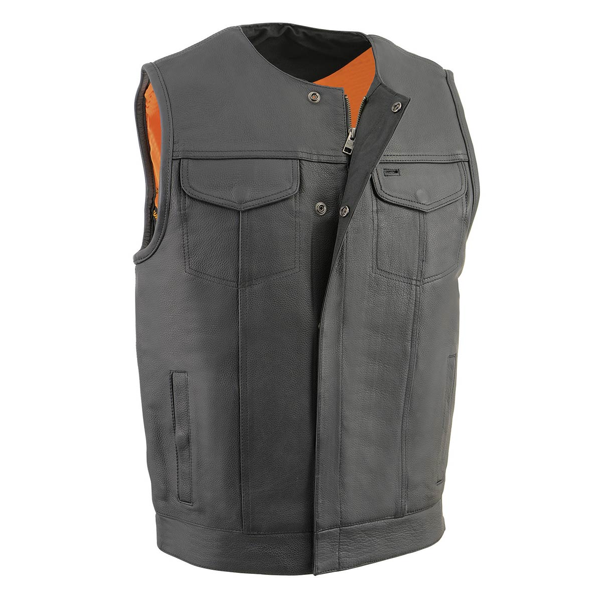 Men's MLM3515 Black Premium Collarless Club Style Motorcycle Vest w/ Cool-Tec Leather Treatment