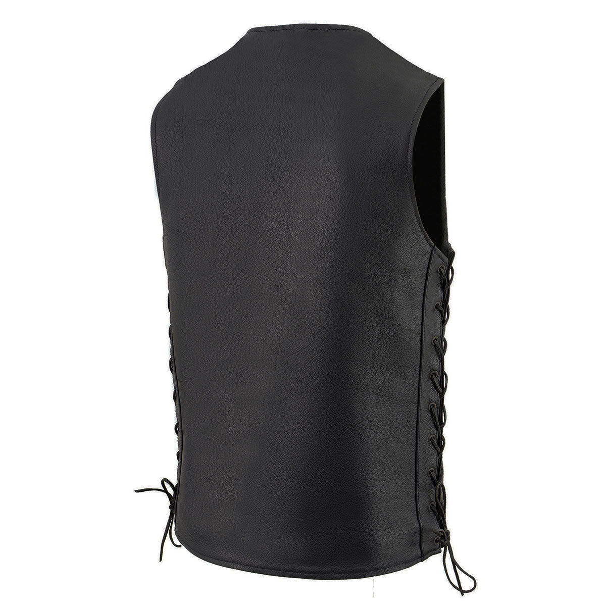 MLM3520 Men's Black Leather Vest - Classic V-Neck Straight Bottom Side Lace Motorcycle Rider Vest
