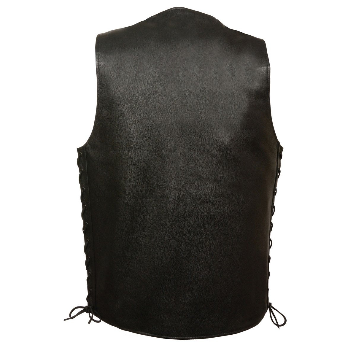 MLM3520 Men's Black Leather Vest - Classic V-Neck Straight Bottom Side Lace Motorcycle Rider Vest