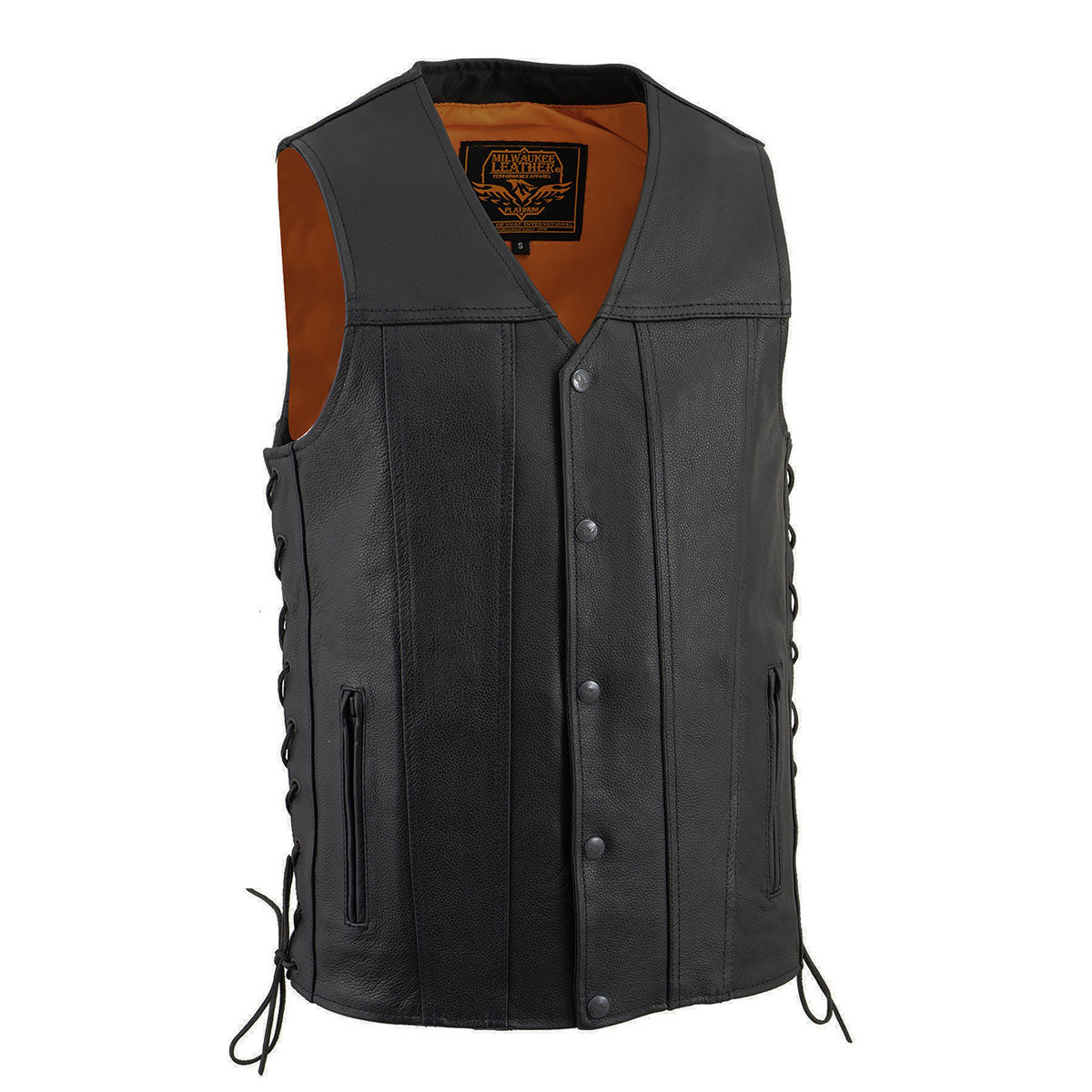 MLM3520 Men's Black Leather Vest - Classic V-Neck Straight Bottom Side Lace Motorcycle Rider Vest