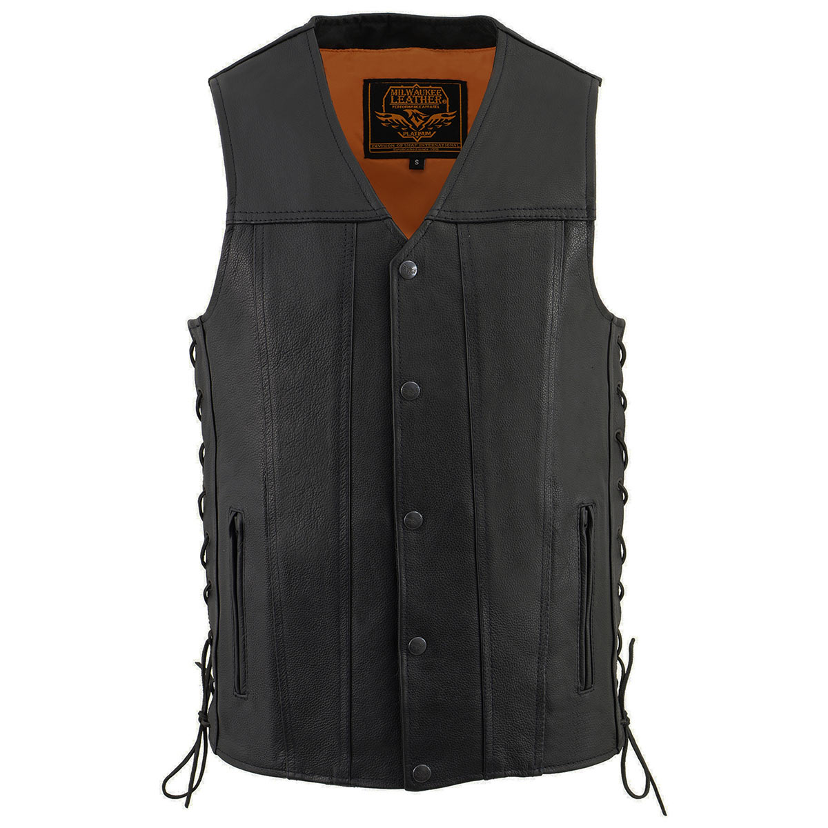 MLM3520 Men's Black Leather Vest - Classic V-Neck Straight Bottom Side Lace Motorcycle Rider Vest